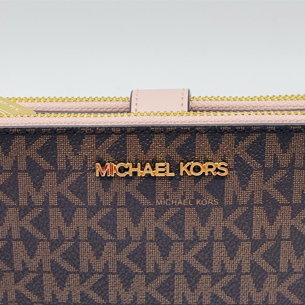Michael Kors Large Double Zip Wallet Wristlet Leather Rich Brown/Light Pink - Picture 5 of 8